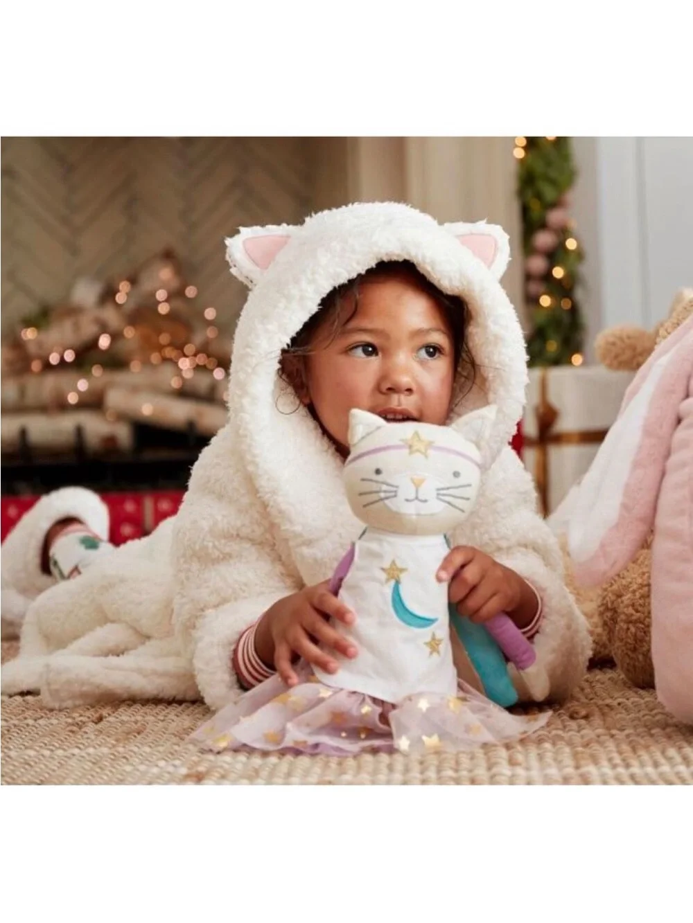 PBK Pottery Barn Kids Hooded Plush Sherpa Critter Robe Kitty Ears White Sz 4-6